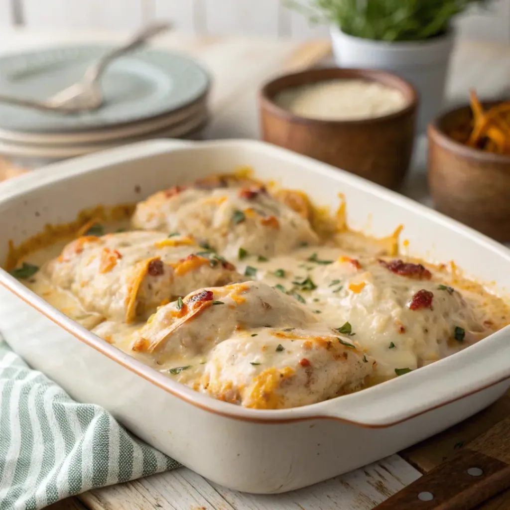 Baking dish of creamy ranch chicken casserole