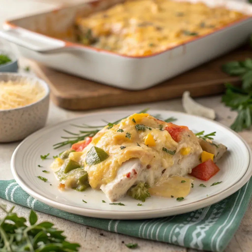 Creamy ranch chicken casserole ready to serve