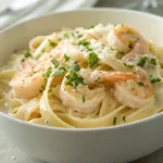 Creamy shrimp Alfredo pasta with parsley and Parmesan