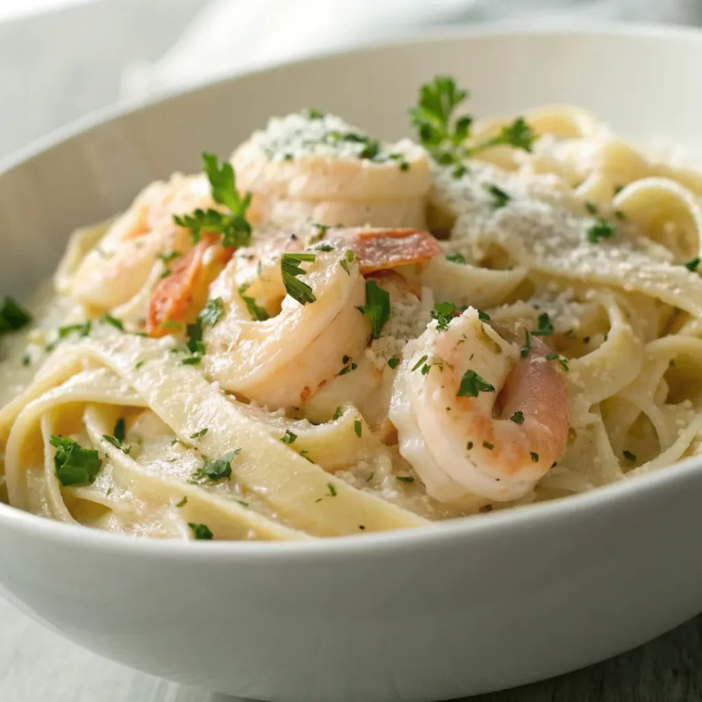 Shrimp Alfredo pasta ready to serve