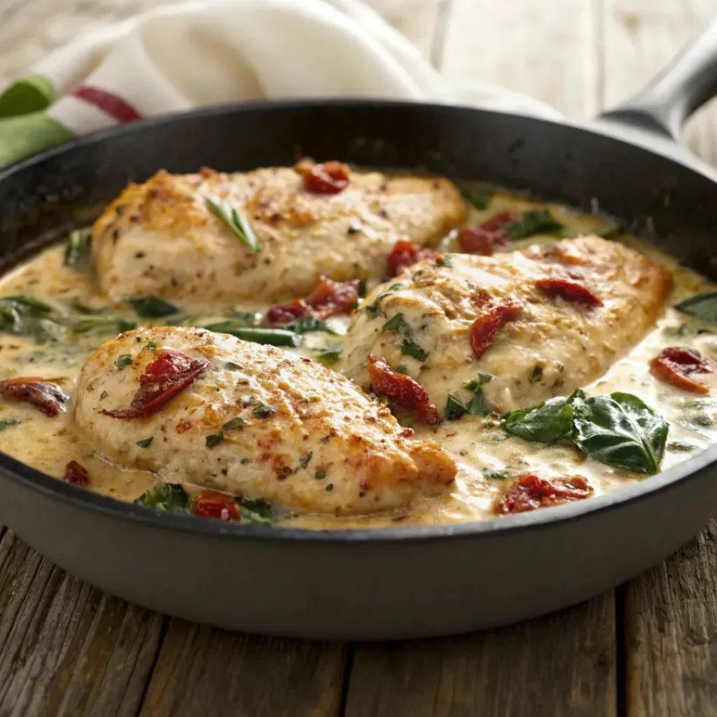 Creamy Tuscan chicken in a skillet with spinach and sun-dried tomatoes