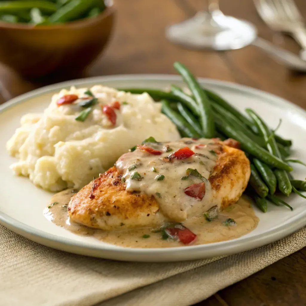Creamy Tuscan chicken served with pasta or mashed potatoes