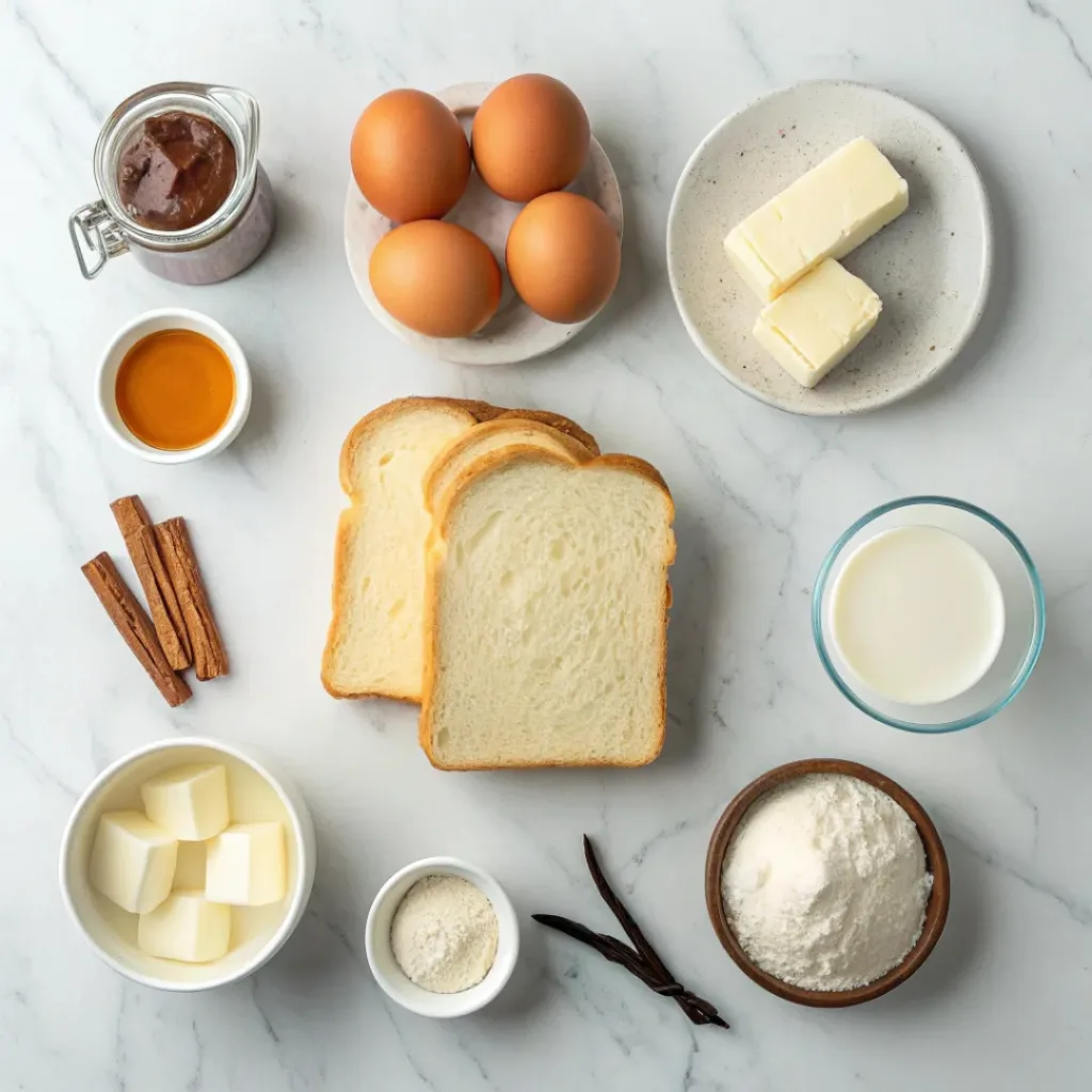 Flat lay of crème brûlée French toast ingredients