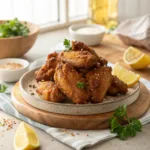 Golden crispy air fryer chicken wings on a plate garnished with parsley and lemon wedges