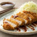 Crispy chicken katsu sliced and served with cabbage