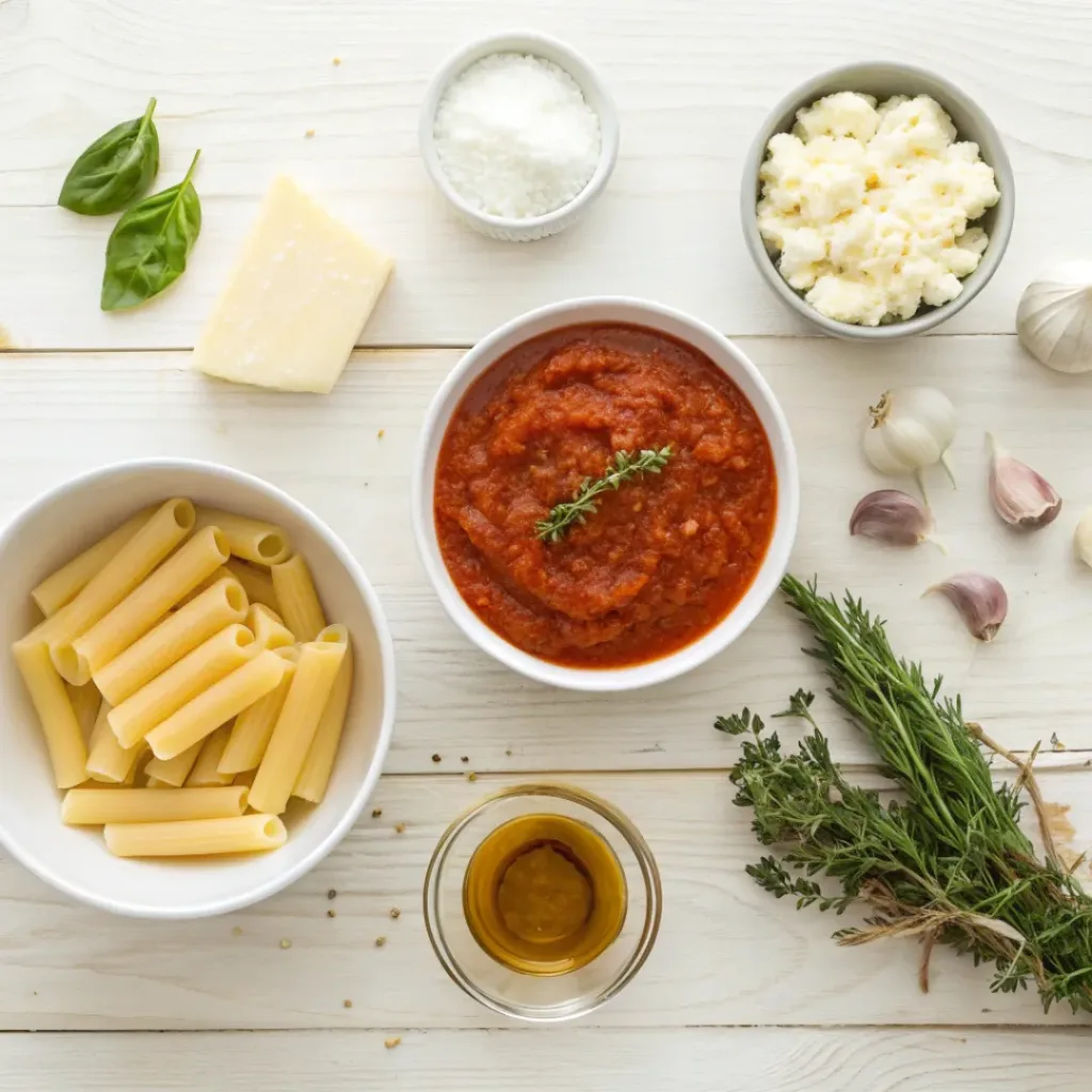 Flat lay of ingredients for crockpot baked ziti