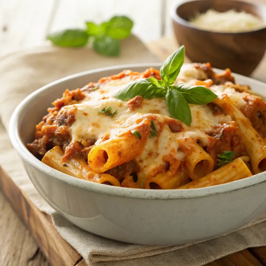 Crockpot baked ziti ready to serve