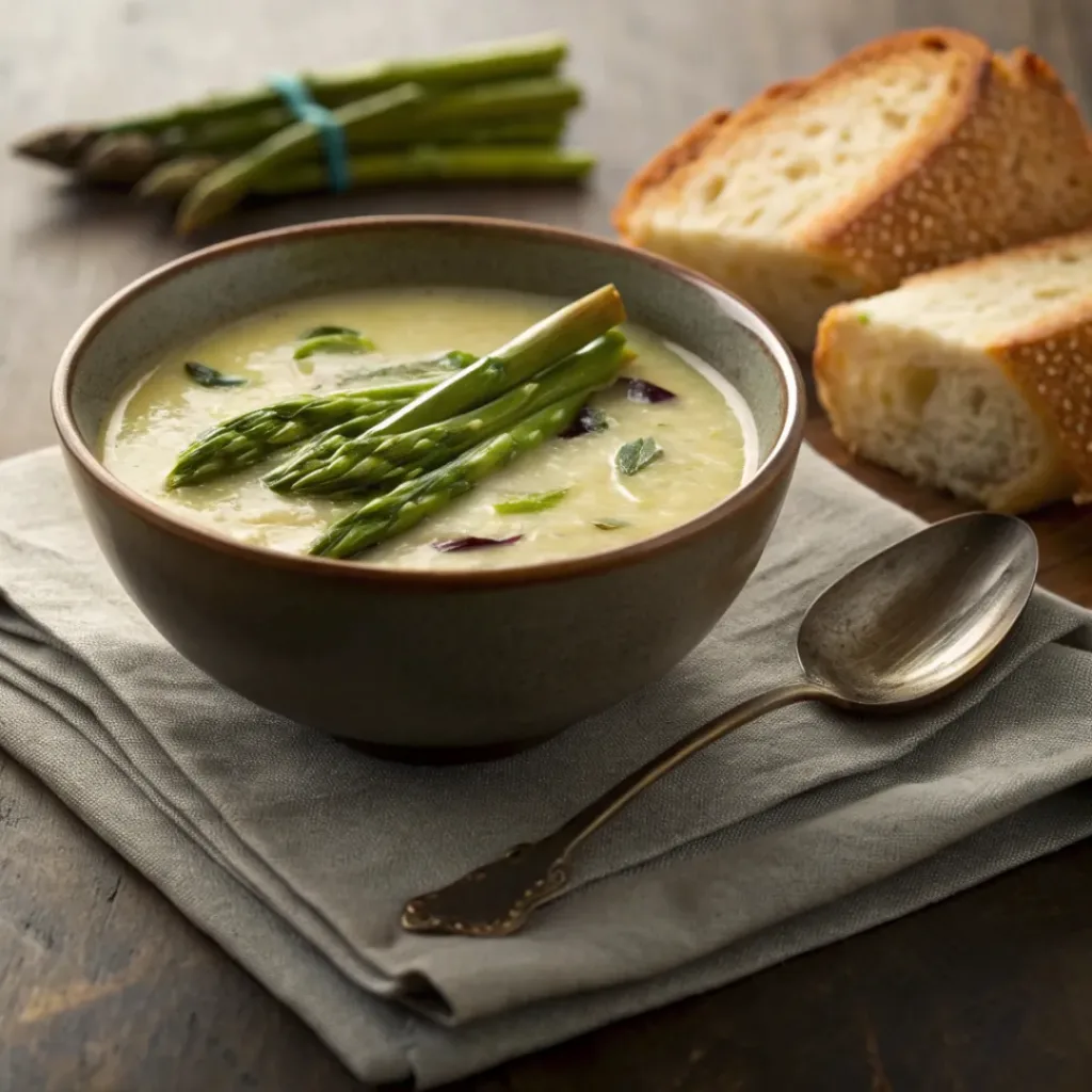 Crockpot Creamy Asparagus Soup – Easy & Comforting 8 Crockpot creamy asparagus soup served with bread