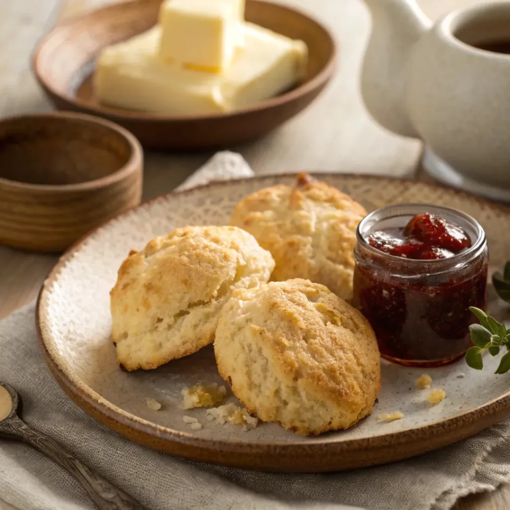 Drop biscuits served with butter and jam