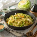 Skillet of cabbage stir‑fry with garlic and sesame seeds