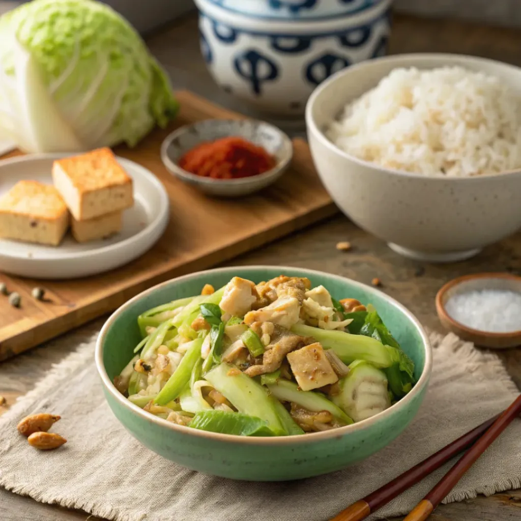 Easy Cabbage Stir‑Fry – Quick & Healthy Side 8 Cabbage stir‑fry served with rice and tofu or chicken