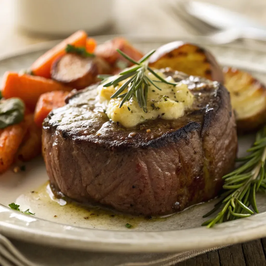 Filet mignon with garlic butter ready to serve