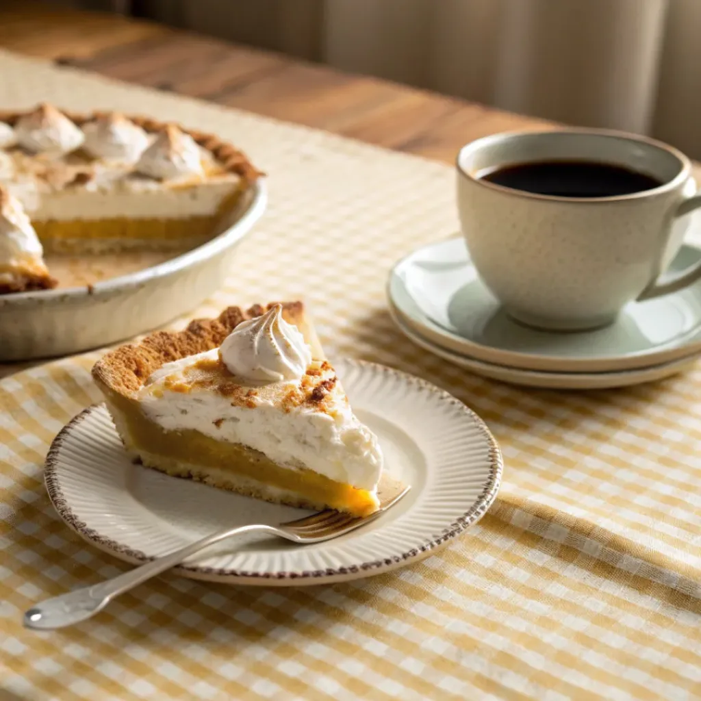 Flapper Pie slice served with coffee
