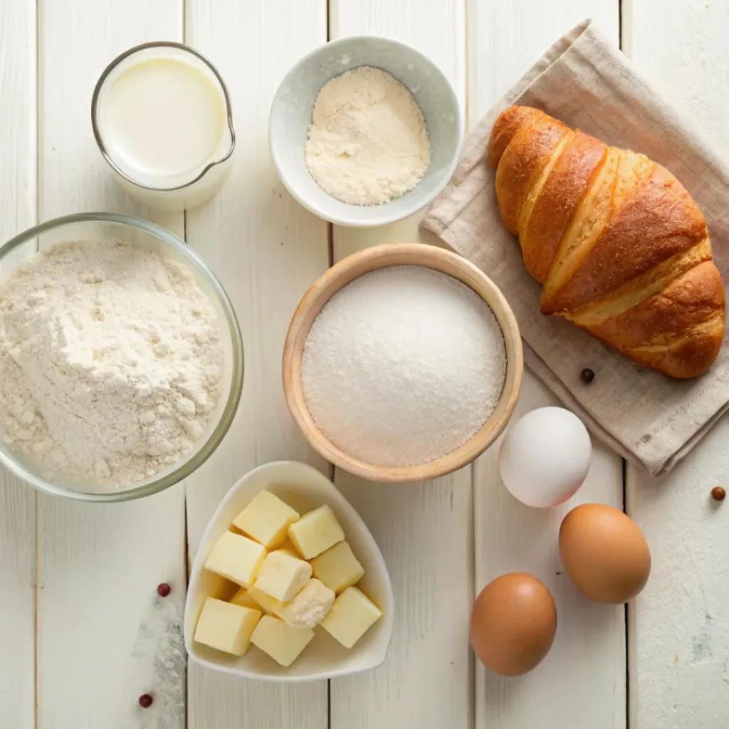 Flat lay of ingredients for French croissants