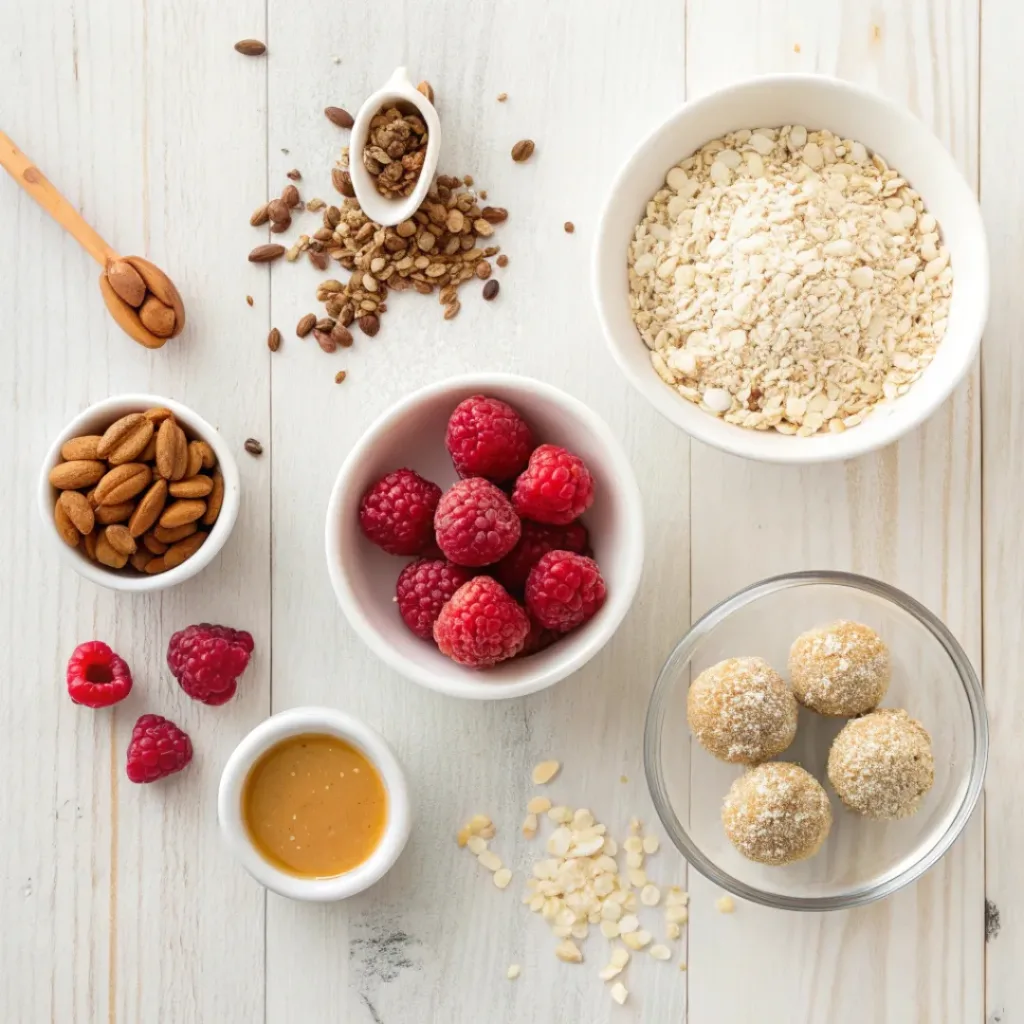 Flat lay of ingredients for raspberry coconut energy balls