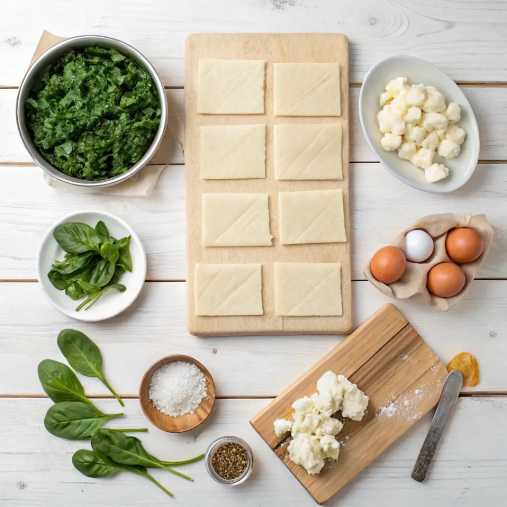 Flat lay of ingredients for spinach puffs