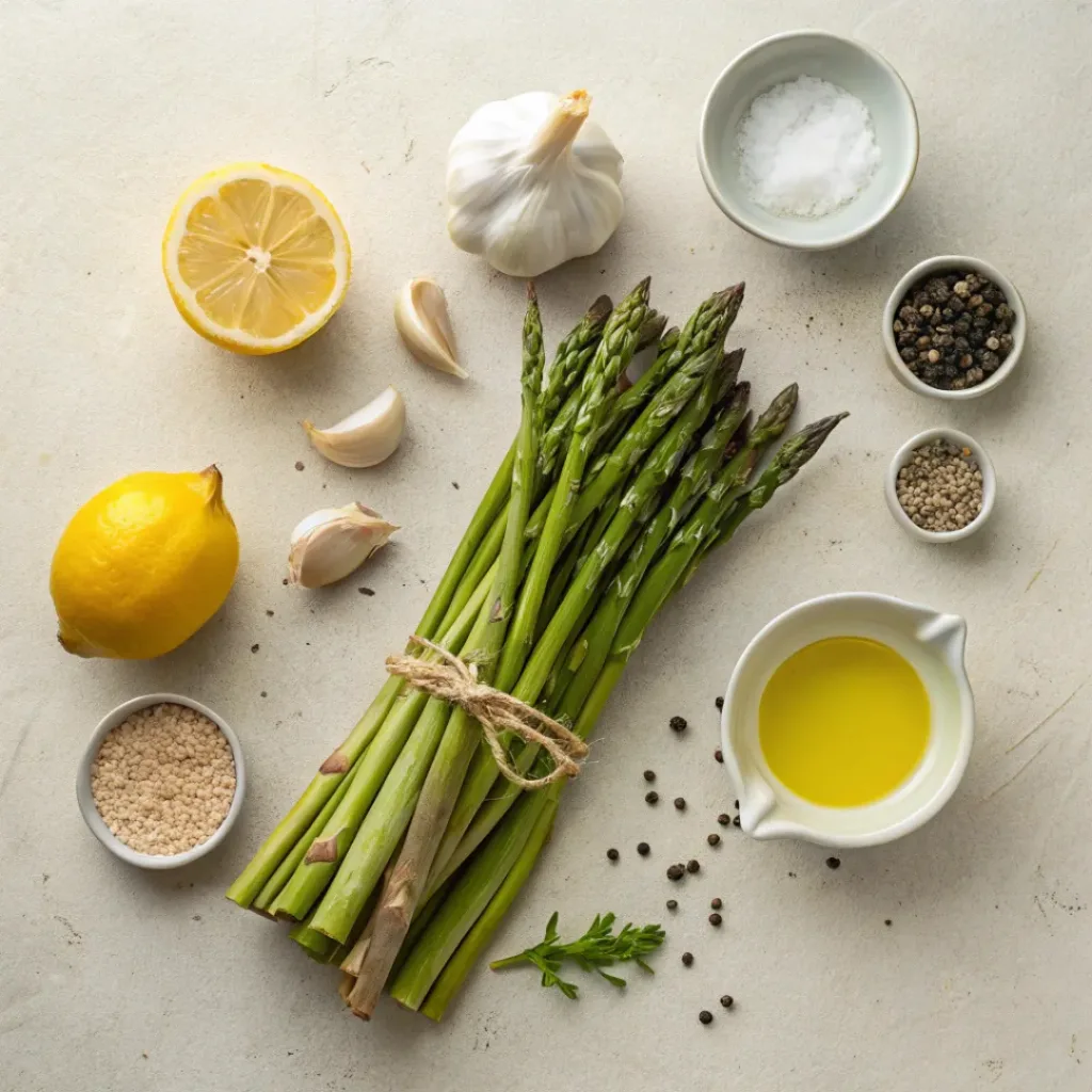 Roasted Asparagus with Lemon and Garlic – Bright, Tender, and Flavorful 6 Flat lay of roasted asparagus ingredients