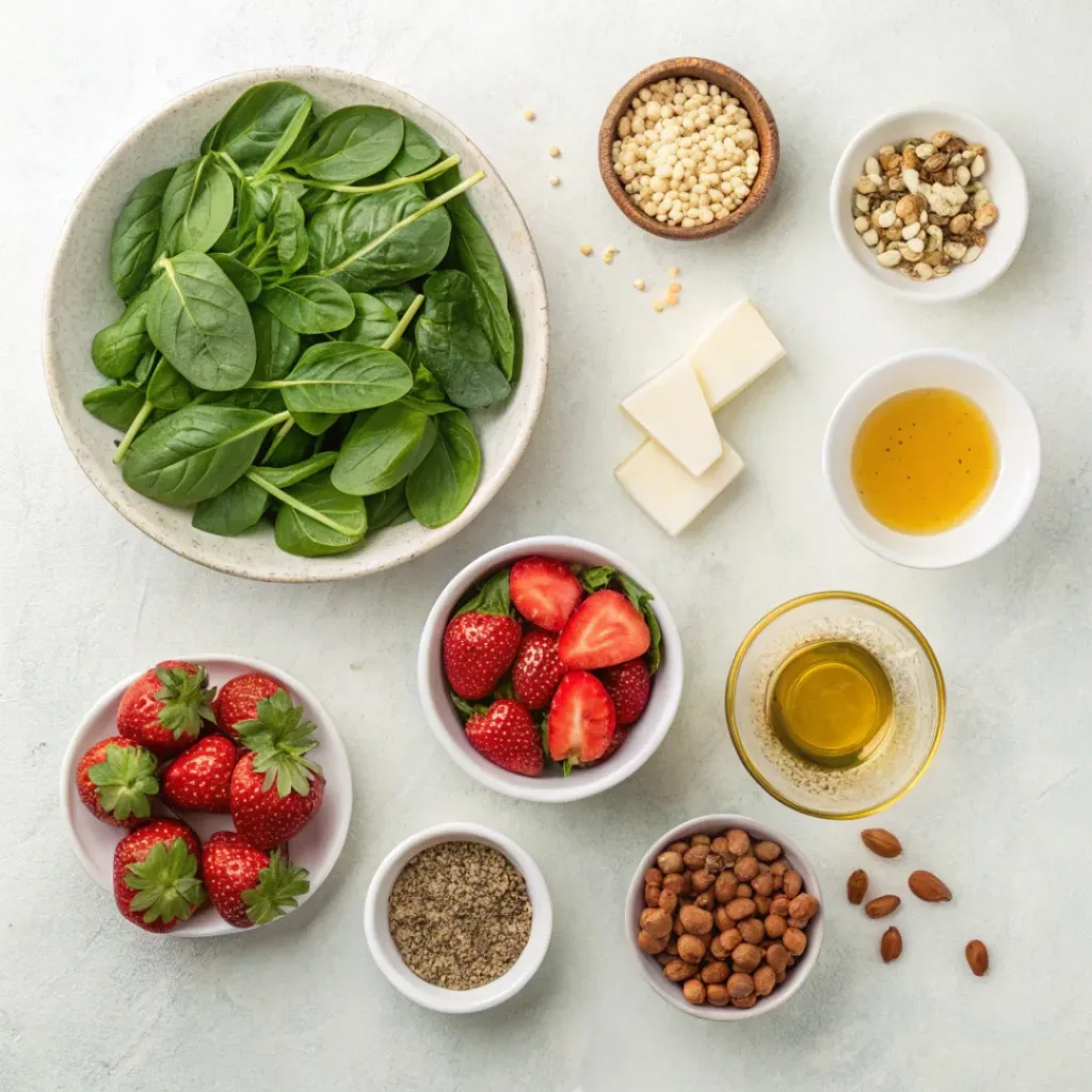 Flat lay of strawberry spinach salad ingredients