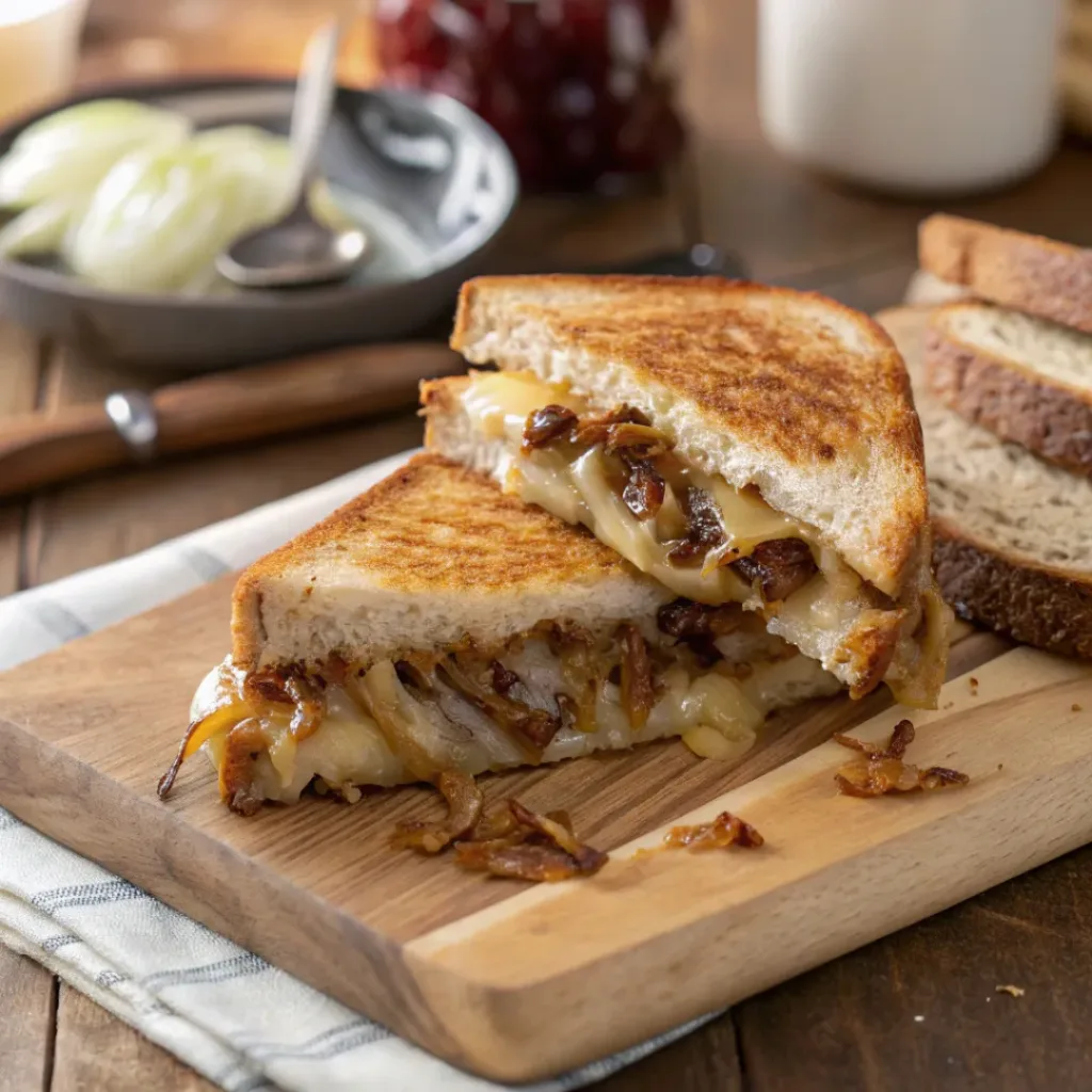 French onion grilled cheese sandwich with melted cheese and onions