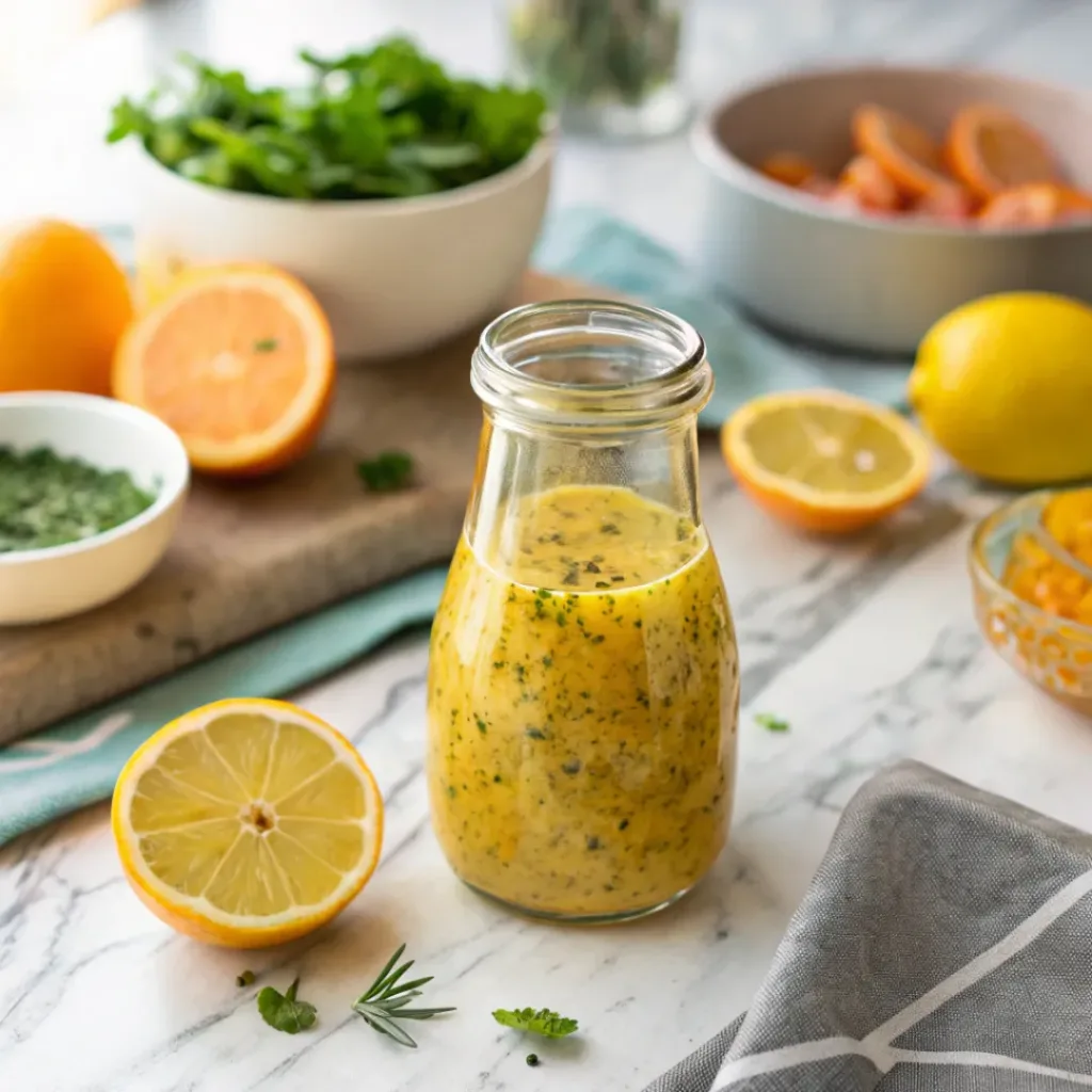Homemade citrus vinaigrette in a glass jar with orange, lemon, and herbs.