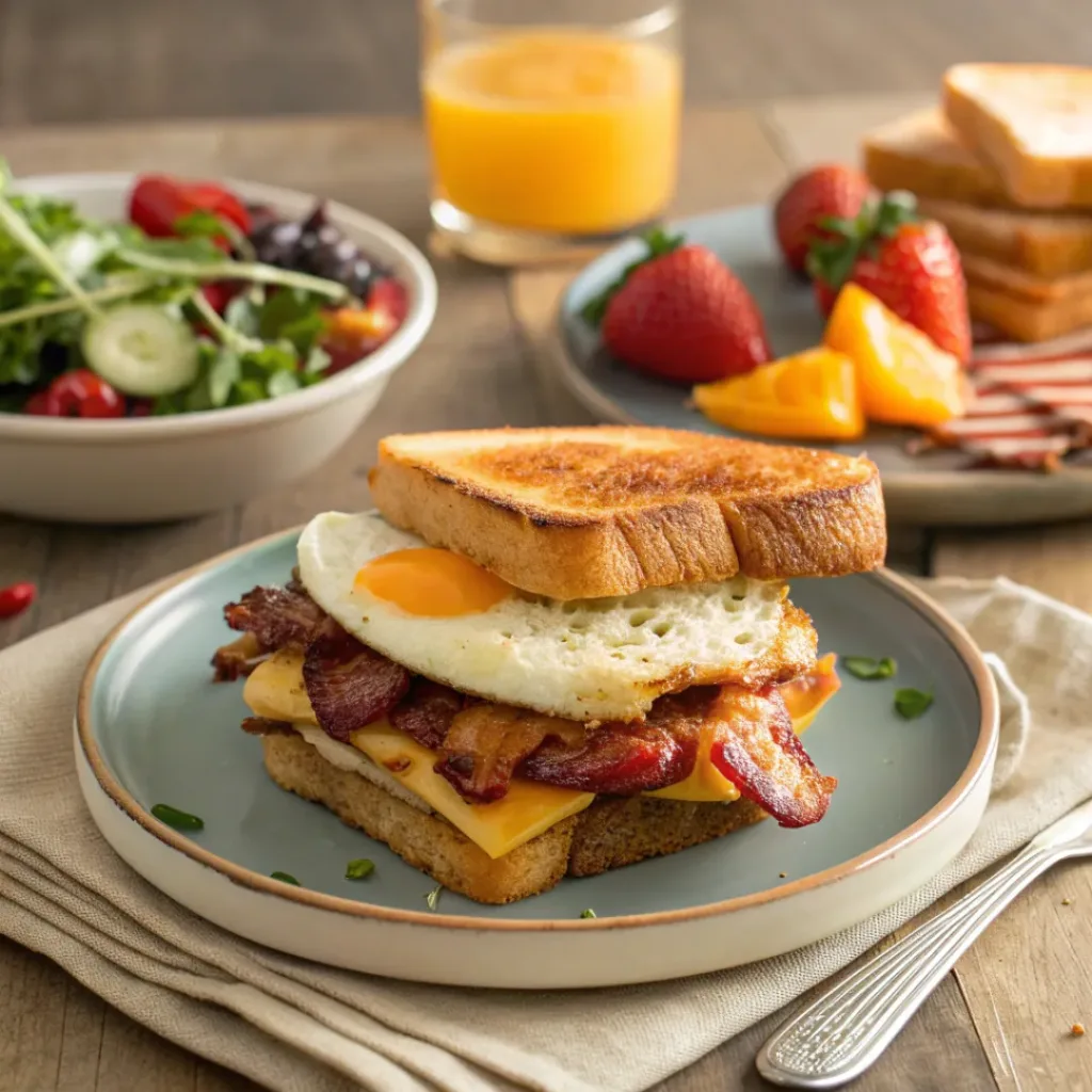 Fried egg sandwich served with fruit