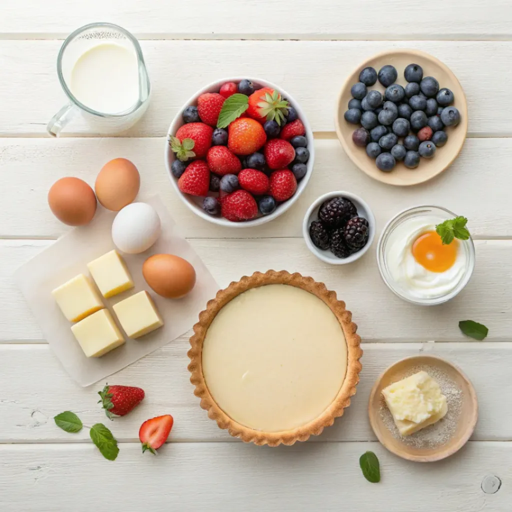 Flat lay of fruit tart ingredients