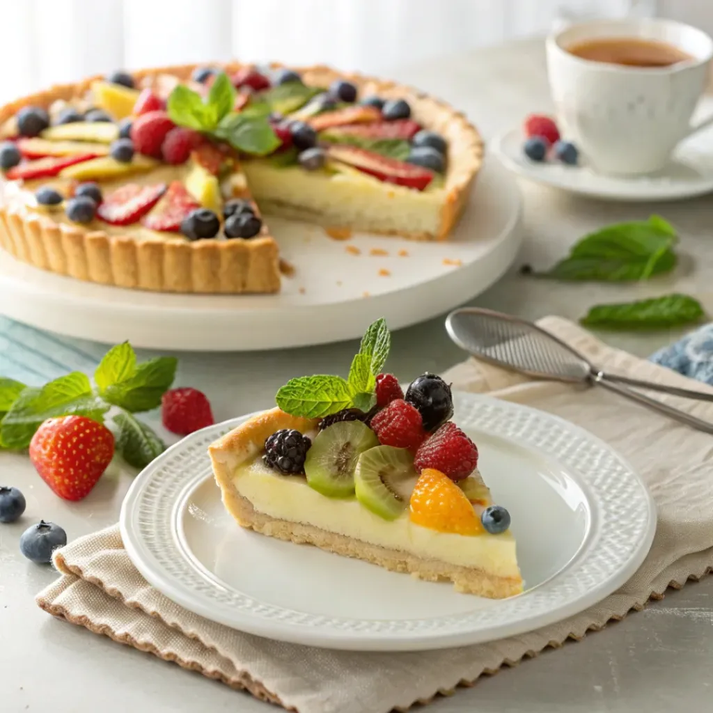 Fruit tart slice served on plate