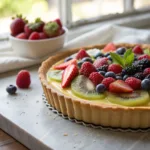 Hero Image Vertical 2:3 photo of a bright, colorful fresh fruit tart with a golden pastry shell, topped with assorted berries and kiwi slices. Alt text: Fresh fruit tart with pastry cream, topped with strawberries, blueberries, and kiwi on a golden tart shell. Introduction + Pinterest Description A Fresh Fruit Tart with Pastry Cream is a stunning dessert that combines crisp, buttery tart shell, smooth, vanilla-flavored pastry cream, and vibrant fresh fruit. Perfect for celebrations, brunches, or a light dessert, it delivers elegance and flavor in every bite. This homemade tart impresses visually and is surprisingly easy to make. With a crisp crust, luscious filling, and fresh, seasonal fruit, it balances sweetness and freshness beautifully. It’s perfect for entertaining or treating yourself to a bright, colorful dessert that tastes as good as it looks. Why You’ll Love This Recipe Crisp, buttery tart shell paired with smooth, creamy pastry cream Fresh seasonal fruit adds vibrant flavor and color Pork-free, alcohol-free, and family-friendly Makes an elegant dessert for entertaining Can be prepared ahead of time for convenience Ingredients (US Measurements) For the Tart Shell: 1 ¼ cups all-purpose flour ¼ cup granulated sugar ½ teaspoon salt ½ cup unsalted butter, cold and cubed 1 large egg yolk 2 tablespoons ice water For the Pastry Cream: 2 cups whole milk ½ cup granulated sugar 4 large egg yolks ¼ cup cornstarch 2 tablespoons unsalted butter 2 teaspoons pure vanilla extract For the Topping: 1 cup strawberries, halved ½ cup blueberries ½ cup kiwi, peeled and sliced ½ cup raspberries (optional) 2 tablespoons apricot jam, warmed (for glaze) Step-by-Step Instructions Preheat oven to 350°F (175°C). In a food processor, pulse flour, sugar, and salt. Add cold butter and pulse until mixture resembles coarse crumbs. Add egg yolk and ice water. Pulse until dough forms a ball. Wrap in plastic and refrigerate for 30 minutes. Roll out chilled dough and press into a 9-inch tart pan. Trim excess edges. Line tart shell with parchment paper and fill with pie weights or dried beans. Bake shell for 15 minutes, remove weights, and bake an additional 10 minutes until lightly golden. Cool completely. For the pastry cream, heat milk in a saucepan until it begins to steam (do not boil). In a bowl, whisk sugar, egg yolks, and cornstarch until smooth. Slowly pour half of the hot milk into egg mixture, whisking constantly. Return mixture to saucepan and cook over medium heat, whisking until thickened. Remove from heat, stir in butter and vanilla extract. Cover with plastic wrap touching the surface to prevent skin. Cool completely. Spread cooled pastry cream evenly into baked tart shell. Arrange strawberries, blueberries, kiwi, and raspberries on top of the cream in a decorative pattern. Lightly brush fruit with warmed apricot jam for a shiny glaze. Chill tart for at least 1 hour before serving to set pastry cream. Tips & Variations Use seasonal fruits for the freshest flavor and color Blind-bake the tart shell to prevent a soggy bottom Substitute pastry cream with cream cheese filling for a twist Make individual tartlets for a fun presentation Glaze keeps fruit looking fresh and adds a subtle sweetness Storage & Freezer Instructions Store in an airtight container in the refrigerator for up to 2 days Pastry cream may become slightly watery if stored too long; serve within 24–48 hours Tart is not recommended for freezing due to delicate pastry cream and fresh fruit Serving & Pairing Ideas Serve chilled for a refreshing dessert Pair with lightly sweetened whipped cream Serve with a glass of sparkling water or iced tea for brunch Add fresh mint leaves for garnish and extra aroma Frequently Asked Questions Can I make the tart shell ahead of time? Yes, the tart shell can be baked and cooled a day in advance. Store in an airtight container until ready to fill. What fruits work best on top? Berries, kiwi, mango, and thinly sliced stone fruits work beautifully. Use fresh, firm fruit for best results. Can I substitute the pastry cream? Yes, cream cheese filling or mascarpone cream can be used for a different flavor and texture. How do I prevent the pastry cream from curdling? Temper the egg yolks by slowly adding hot milk while whisking continuously. Cook over medium heat and whisk constantly until thickened. Ready to Make It? This Fresh Fruit Tart with Pastry Cream is a showstopper dessert that combines crisp pastry, silky cream, and vibrant fruit. Perfect for holidays, brunch, or weekend treats, it’s a classic dessert that looks as good as it tastes. You Might Also Like No-Bake Kiwi Cheesecake – Creamy, light, and fruity dessert Strawberry Tiramisu – Elegant layers of mascarpone and fresh strawberries Red Velvet Cheesecake – Rich, indulgent, and visually stunning Vanilla French Beignets – Light, airy, and perfect for sweet brunch