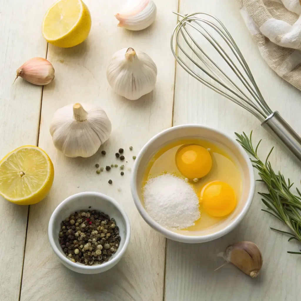 Flat lay of homemade garlic aioli ingredients