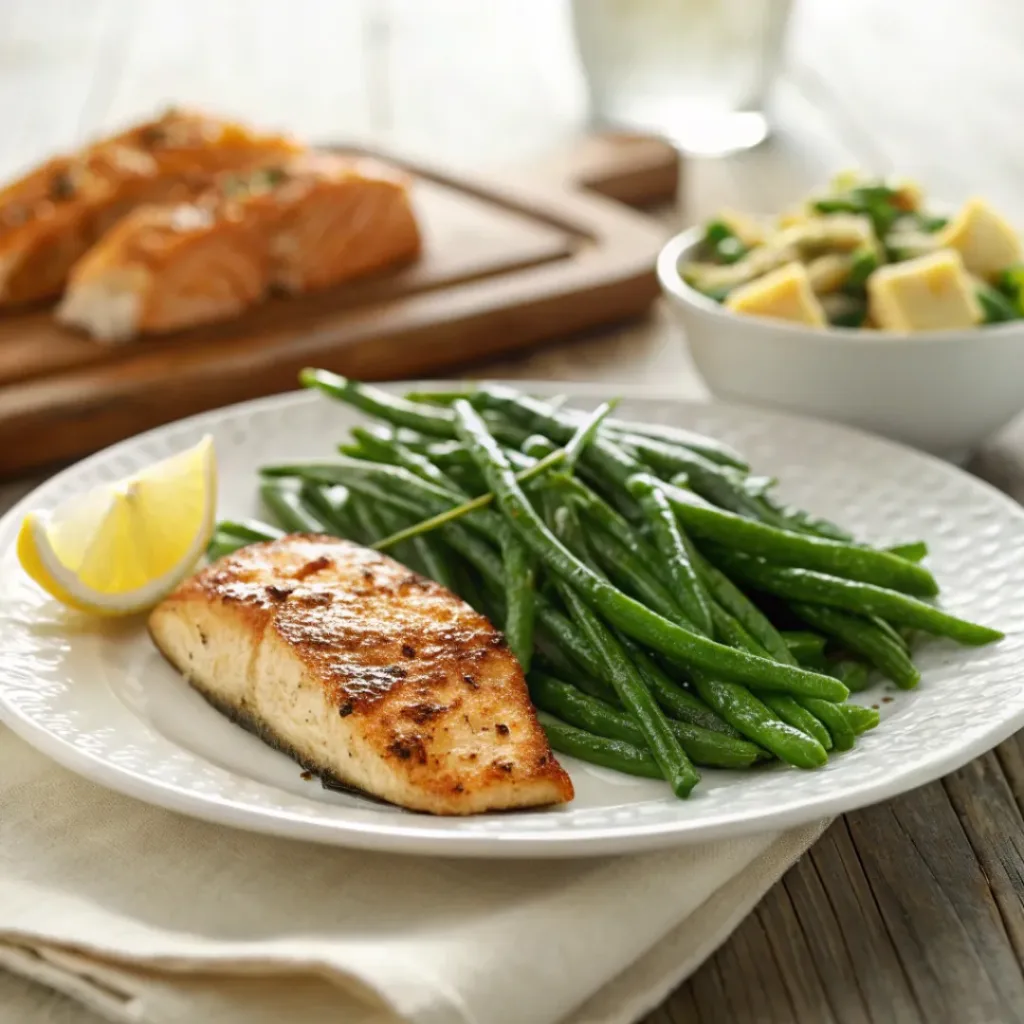 Garlic butter green beans served as a side with roasted chicken