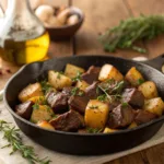 Garlic butter steak with roasted potatoes in a skillet