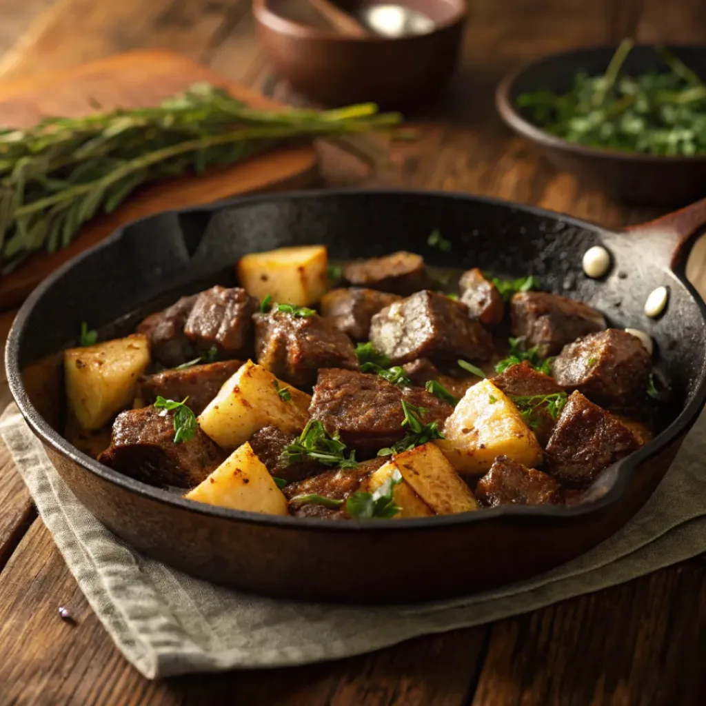 Garlic butter steak and potatoes served with wine and herbs