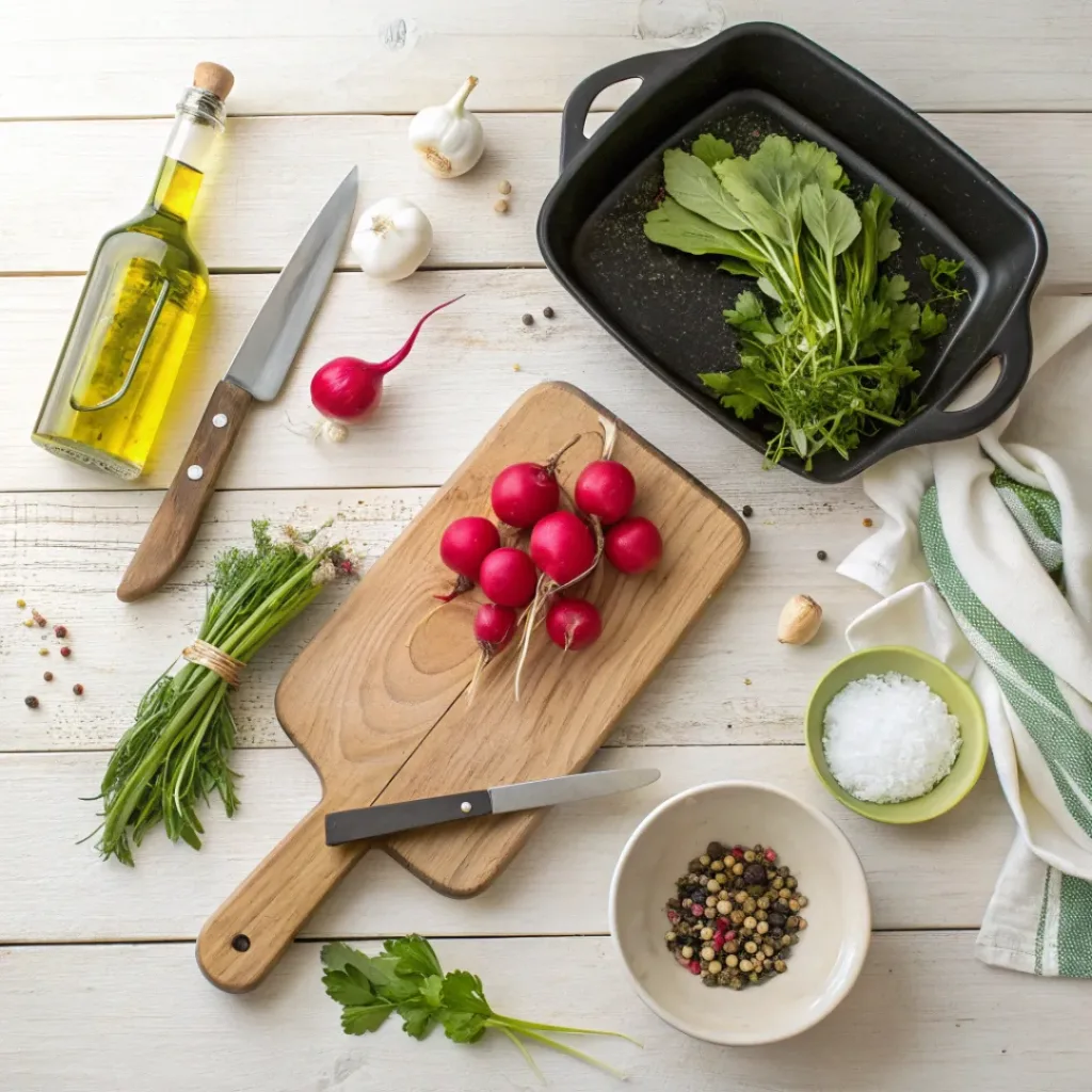 Flat lay of radishes, garlic, olive oil, and herbs for roasting