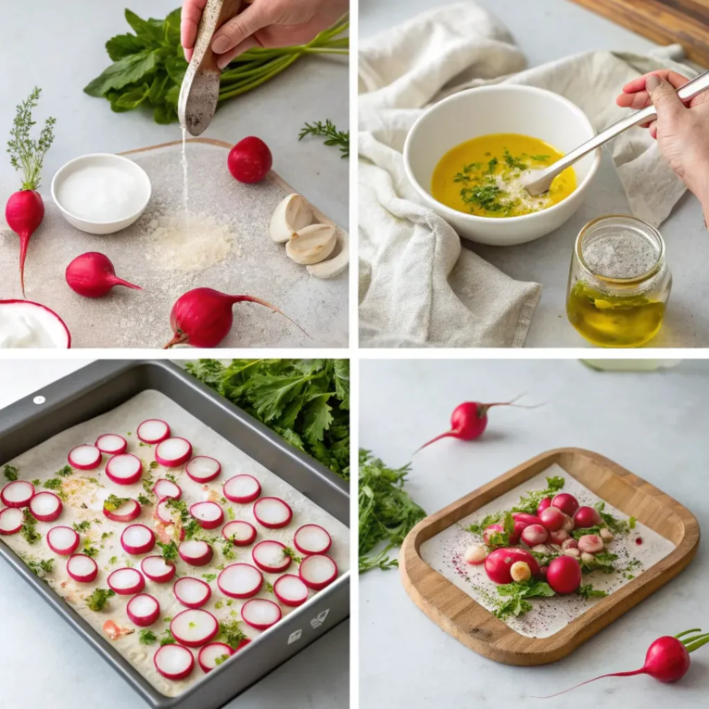 Four-panel collage showing prepping radishes, seasoning, roasting, and serving