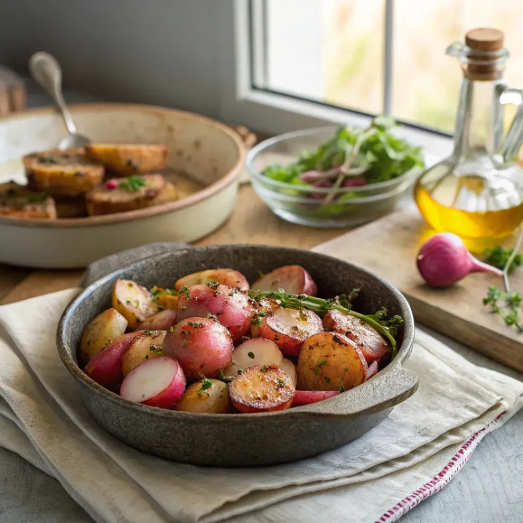 Garlic roasted radishes served in a skillet with herbs