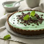 Grasshopper pie with creamy mint green filling in a chocolate cookie crust, garnished with chocolate shavings and mint