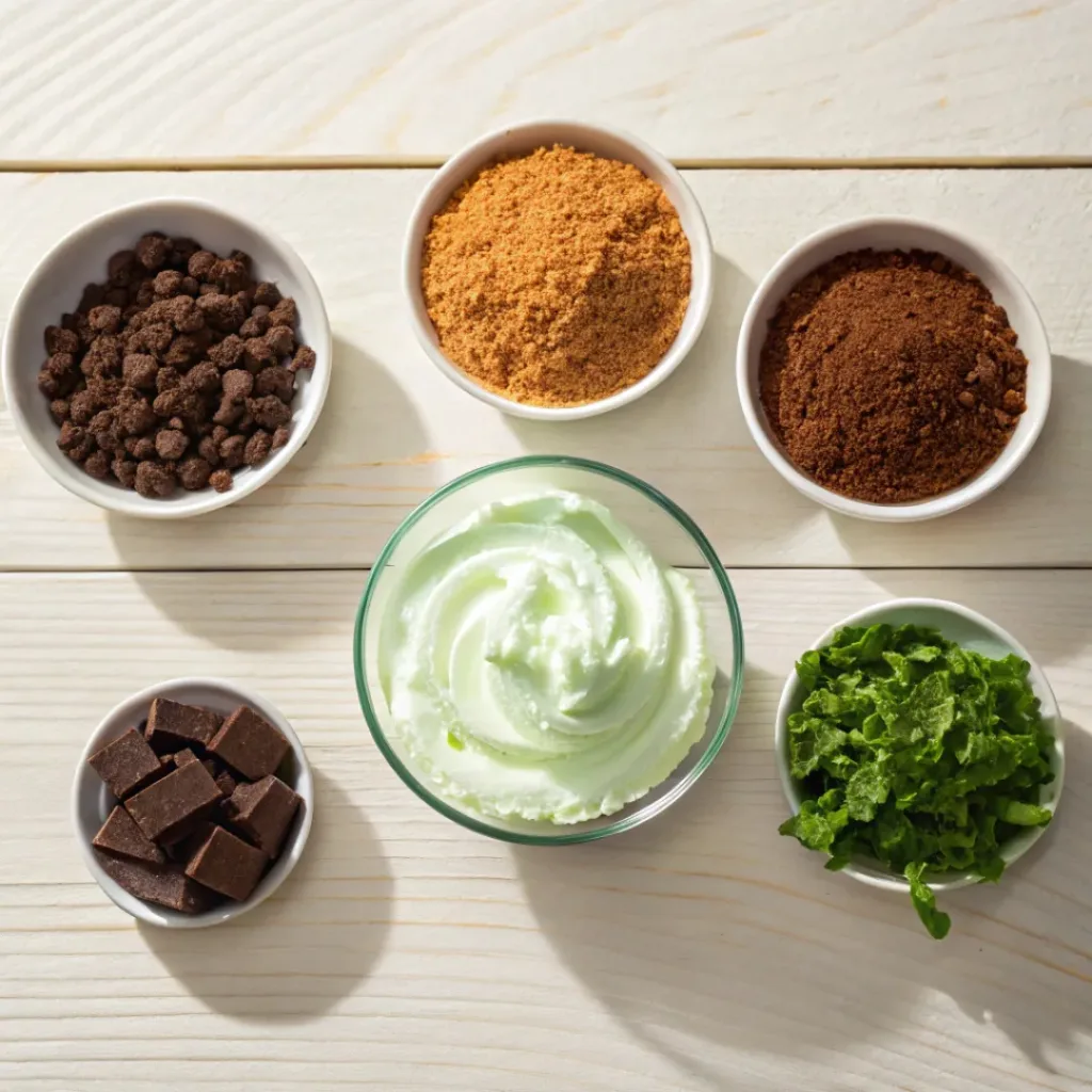 Grasshopper Pie – Creamy Mint Chocolate Dessert 6 Top-down view of ingredients for grasshopper pie including cookie crumbs, butter, cream cheese, whipped cream, mint extract, and green food coloring
