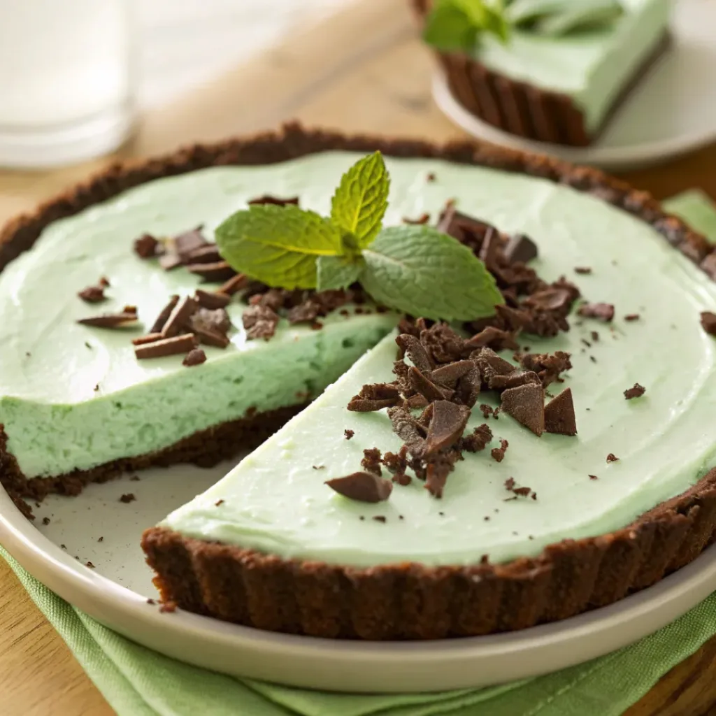 Grasshopper Pie – Creamy Mint Chocolate Dessert 8 Grasshopper pie with mint filling and chocolate crust, slice removed to reveal creamy interior, garnished with chocolate shavings