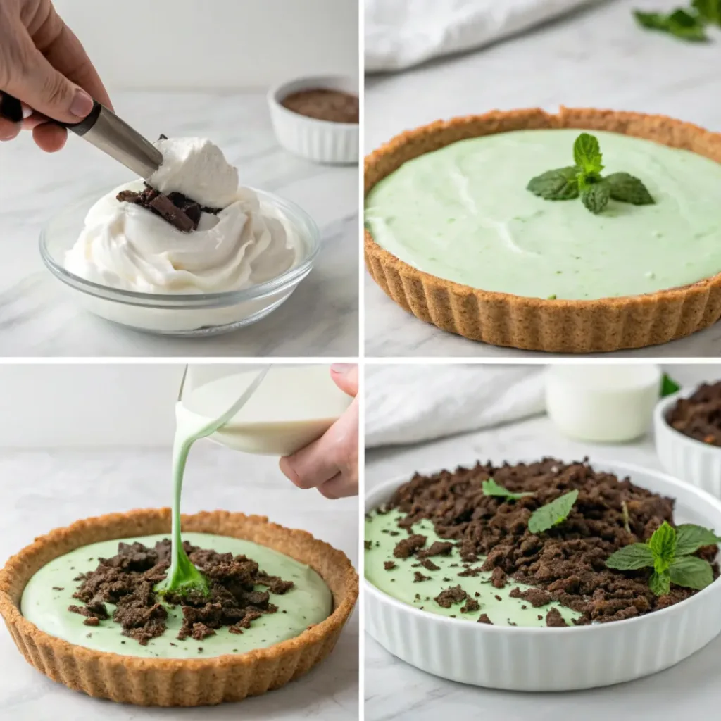 Grasshopper Pie – Creamy Mint Chocolate Dessert 7 Collage showing four steps to make grasshopper pie: making crust, pressing crust, preparing mint filling, and topping pie