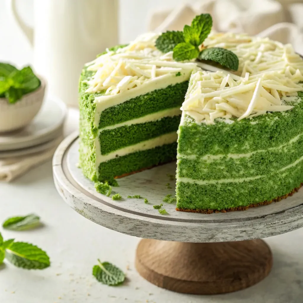 Vibrant green velvet cake with cream cheese frosting, garnished with white chocolate shavings and mint leaves