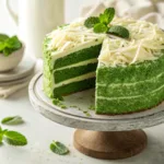 Vibrant green velvet cake with cream cheese frosting, garnished with white chocolate shavings and mint leaves