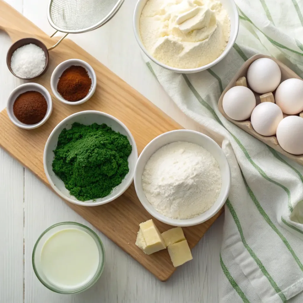 Green Velvet Cake – Moist, Colorful Layered Cake 6 Green Velvet Cake Ingredients Flat Lay