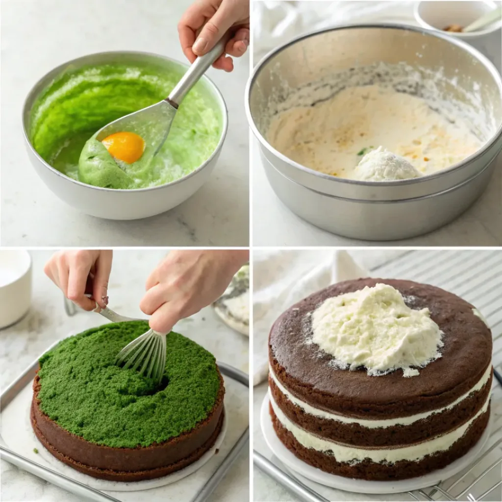 Green Velvet Cake – Moist, Colorful Layered Cake 7 Step-by-step collage showing how to bake and frost a beautiful green velvet cake