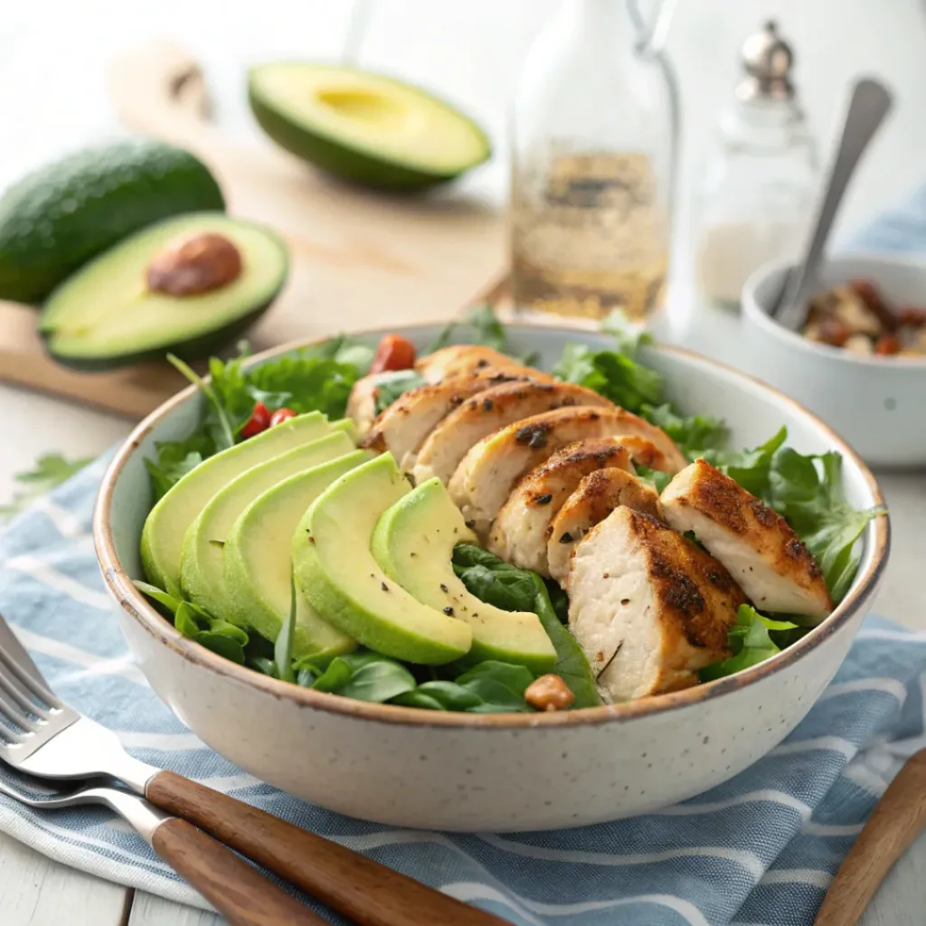 Grilled chicken avocado salad ready to serve