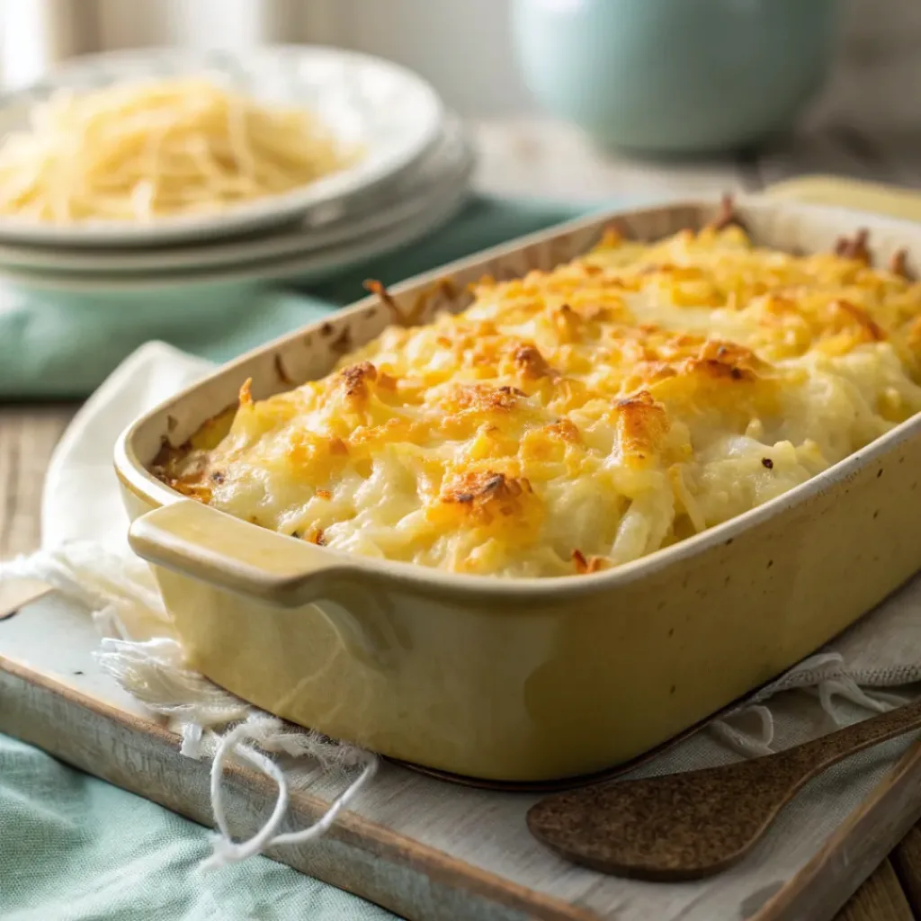 Baking dish of golden hash brown casserole