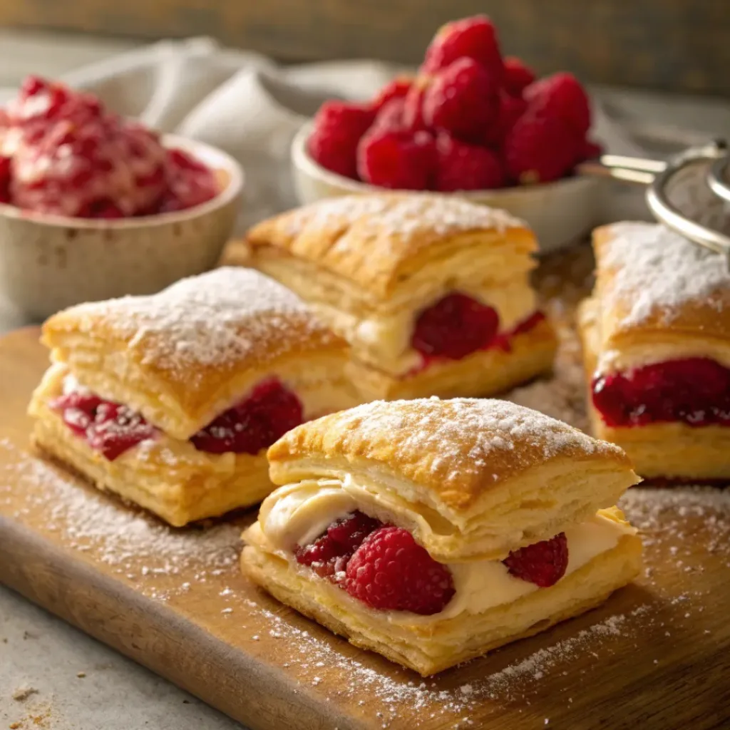 Homemade Flakies with puff pastry and raspberry cream