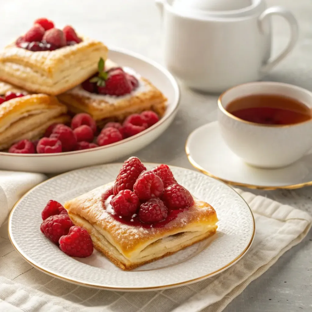 Homemade Flakies with Puff Pastry and Raspberry Cream 8 Puff pastry raspberry cream flakies served with tea