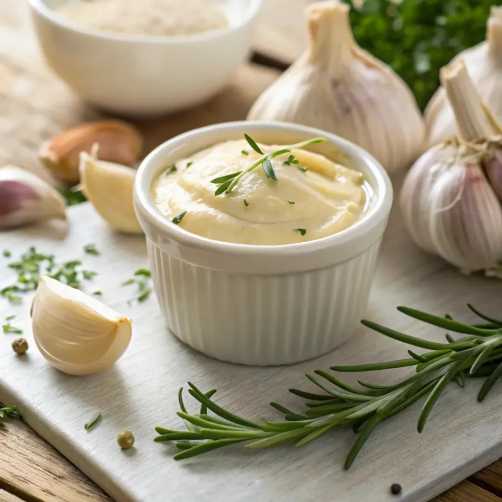Small ramekin of homemade garlic aioli