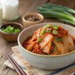 Bowl of homemade kimchi with napa cabbage