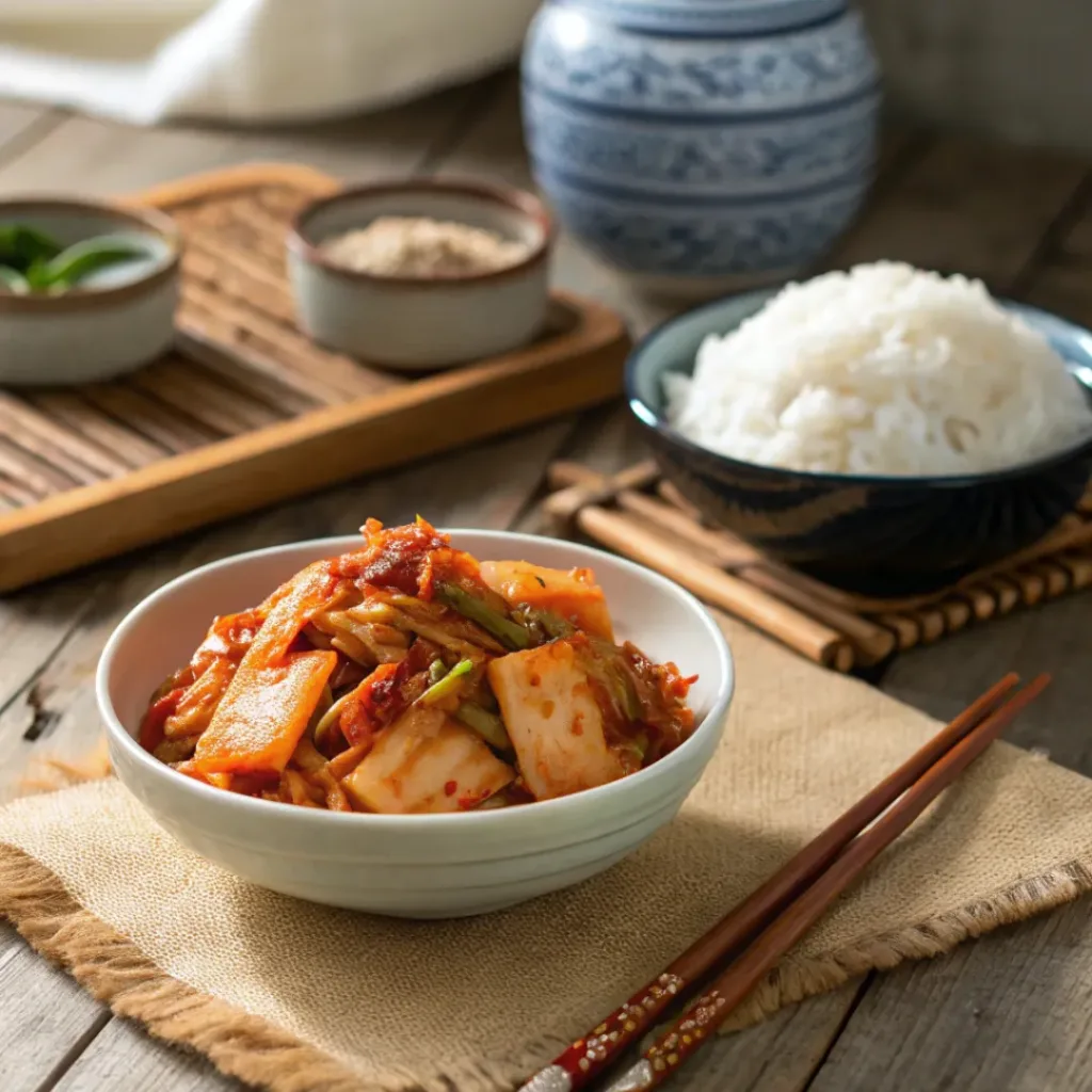 Homemade kimchi served with steamed rice